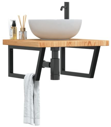 Frdhee Badezimmerschrank Aufsatzwaschbecken, Waschtischplatte mit Halterung Stahl und Massivholz Eiche für Badezimmer, WC, Umkleidebtisch