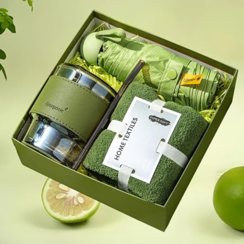 Gift Set for Birthday Gifts for Women Men Giftset with Glass Tumbler, Umbrella, Towel Sophisticated Present for Graduation, Ladies, Adults, Business, Holiday, Wedding Gift (Green)