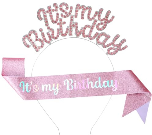 Ouligay Pink Birthday Sash and Crown for Girls and Women Crystal Rhinestone Birthdays Tiara Glitter Its My Birthday Headband Accessories Decorations Set for for Parties Favors