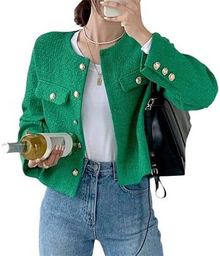 Dam Tweedkavaj Elegant Beskuren Kappa Höst Vinter Rund Hals Business Casual Outfit med Fickor Grön 3X-Large