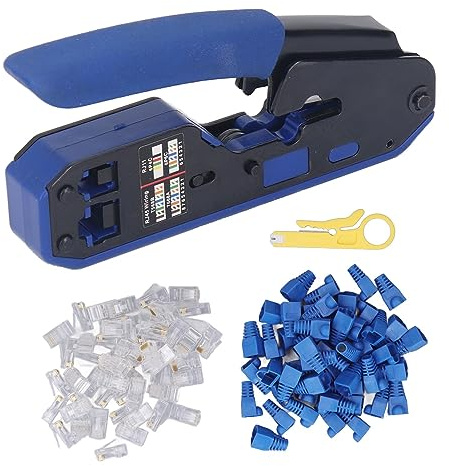 RJ45 Crimping Tool, Wire Terminal Crimper Stripper Kit for Cat5 Cat5e Cat6 Pass Through Connectors with 8P8C Jacks and Protective Sleeves for Network Cable Installation