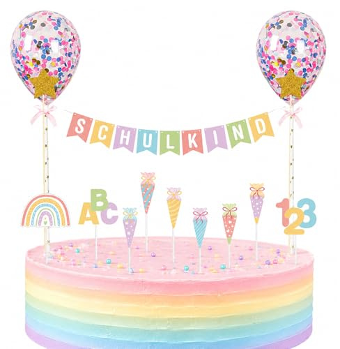 Gleevio 23 Stück Regenbogen Girlande Tortendeko Einschulung Mädchen Junge | Schulkind 2026 Girlande Kuchen Deko Einschulung,Schulkind Tortendeko,Papier Kuchendeko Schulanfang für 1. Schultag Partydeko