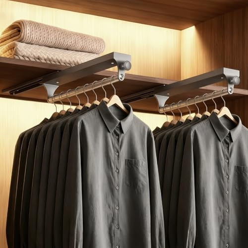 ERWEY 2 Stück Ausziehbare Kleiderstange für Kleiderschrank, 30 cm Schrankauszug mit Aluminium Teleskopstange, 25 kg Belastbar, Platzsparender Kleiderbügelhalter mit Rundgriff für Hosenhalter, Schwarz