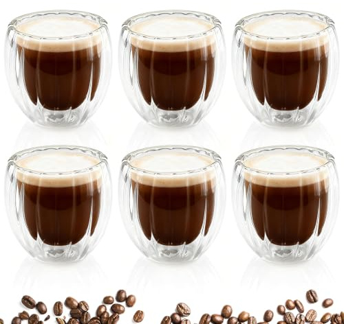 Mezzar Tazas Cafe, Juego de 6 Vasos de Café de Cristal de Doble Pared, 80ml - Tazas Pequeñas de Vidrio Borosilicato para Espresso, Té o Café - Aislantes e Inastillables (Patrón vertical)