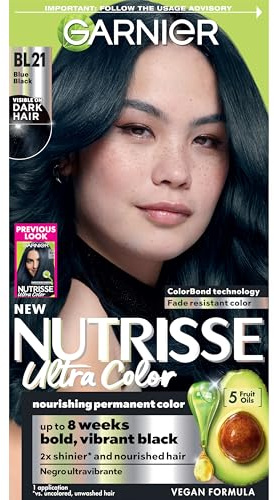 Garnier Nutrisse Ultra Color Hair Color, Permanent Hair Dye for Up to 8 Weeks of Bold, Vibrant, Fade-Resistant Results, Vegan & Cruelty-Free, BL21 Blue Black (Blackberry Mojito), 1 Count
