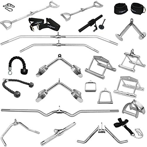 Sporttrend 24® Griffe für Seilzüge, Kabelzüge | Latzugstange, Rudergriff, Bizeps Trizeps Stange, Trizeps Seil, SZ Stange, Karabiner, Fußschlaufe, Unterarmtrainer, Nackentrainer, Griff Set