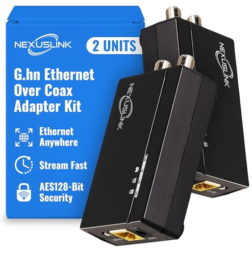Nexuslink G.hn GCA-1200-KIT Kit adaptateur Ethernet sur coaxial – Réseau 1,2 Gbit/s pour câble coaxial inutilisé/sombre – Connexion filaire sécurisée pour les jeux et le streaming – Installation