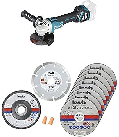 Makita DGA511Z Akku-Winkelschleifer 18 V (ohne Akku, ohne Ladegerät) + kwb Dünn-Trennscheiben + Diamant-und Schleifscheibe Ø 125 mm für Winkelschleifer, Trenn-Scheibe f. Edel-Stahl INOX