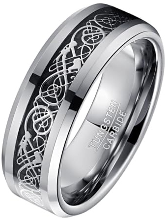 VAKKI Celtic Dragon Tungsten Carbide Ring Inlaid with Black Carbon Fiber Mens 8mm Wedding Bands Beveled Edge Size W 1/2