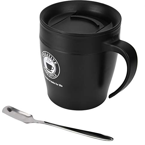 Tazza da Caffè, Tazzine Caffè Prova di Perdite Isolata Termica Scalda Tazze Acqua Termos in Acciaio Inossidabile Beuta Thermos Viaggio con Cucchiaio Coperchio Scorrevole Manico (Nero)