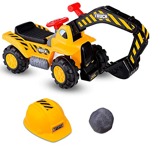 LIFEZEAL Sitzbagger für Sandspiel, Kinderbagger Rutscherfahrzeug mit Eingebautem Stauraum, Baustellenfahrzeug mit Sound, beweglicher Anfänger, inkl. Helm & Stein, für Kinder ab 3 Jahren