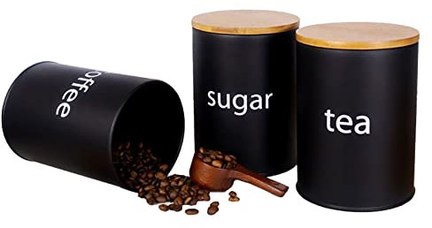 Set of 3, Tea Sugar, Biscuit and Coffee Kitchen Storage Tins (10cm X 12cm Each). (Black)