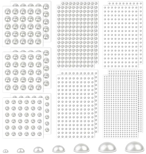 7 Sizes Self Adhesive Ivory White Hair Pearl Stickers, Caffox 2032 Pieces Stick on Pearls Gems for Hair, Face, Makeup, Eye, Crafts, Wedding