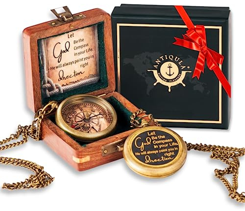 Antiqula Brass God Compass with Wooden Box, Antique Religious Gifts for Men with Quotes Engraved, Inspirational Camping Compass, Ideal Gifts for Baptism, Catholic, Christian, Communion & Graduation