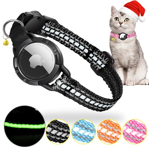 Katzenhalsband Airtag - Integriertes Katzenhalsband Airtag Wasserdicht,Reflektierendes Katzenhalsband mit Abbrechbarer Sicherheitsschnalle & Elastischer Gummizug für Kätzchen Klein Hund (Schwarz S)