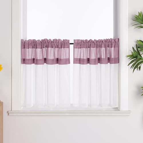 Joyswahl Leinenoptik Scheibengardinen Landhaus »Leni« Cáfe Gardinen Küche Kurz Weiß Bistrogardinen Kurzstores Violett HxB 45x120cm 2 Stück