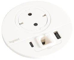 LEGRAND, Incara Disq 80, USB A+C Ladesteckdose, Kabelausgang für Netzwerkkabel, Tischsteckdose, Einbausteckdose, Mehrfachladegerät, 15 Watt, 2m Kabel, 2P+E Stecker, Farbe: Ultraweiß, 654714