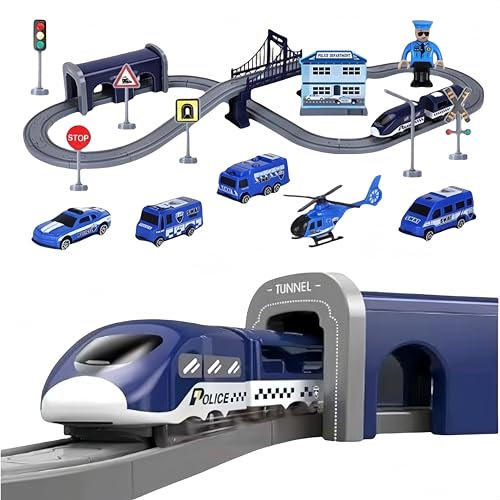 BASAMOU Trenino Elettrico per Bambini 3 4 5 6 7 8 Anni Treno Giocattolo Pista Macchinine, Bambini Giochi Pista da Corsa, Giocattolo educativo Bambino Regalo Compleanno, Natale (Auto della Polizia)