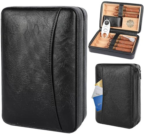 Hält6 Zigarre Portable Leder Zigarrenetui Spanisch Zedernholz Innenraum und Kartenlagerung Reise Zigarre Humidor, Zigarrenschneider Befeuchter perfekt für Geschäftsreisen Geburtstag Geschenke Vatertag