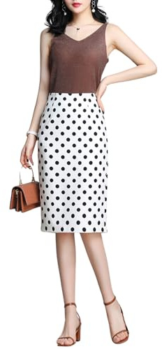 Falda midi estampada para mujer, de cintura alta, elástica, para oficina, recta, Blanco (Polka Dot White), M