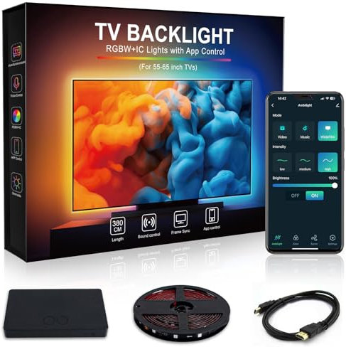 Beaeet Ambilight TV Kit Ruban LED 3,8 M HDMI Sync RGBICW, LED Chambre & TV Synchronisation Image 4K, Contrôle App/Voix, Pour Écran 55–65, Boîtier TV Requis (non inclus)
