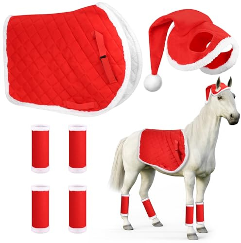 homdat 6 Pezzi di Fasce per Le Gambe di Babbo Natale per Cavallo con Bordo in Pelliccia Sintetica, Cappello di Natale, Sottosella di Babbo Natale per Accessori per Costumi di Natale per Cavallo