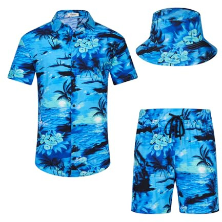 SPKPKEY Hawaiiansk skjorta och shorts för män, set i 2 delar, ledig button-down-skjortor, sommar, strandkläder med fiskhattar, Blått och palmträd, 3XL
