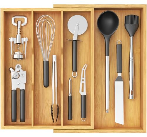 Lifewit Range Couverts Extensible 3 à 4 Compartiments, Rangement Couvert pour Tiroir en Bambou, Organisation Cuisine, Separateur Tiroir pour Cuillères, Fourchettes, Couverts, Couteaux, Naturel