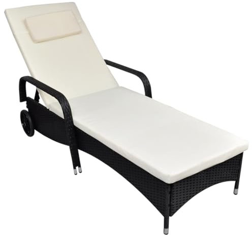 Homgoday Sonnenliege mit Rollen Gartenliege Relaxliege Strandliege Balkonliege Verstellbare Rückenlehne Freizeitliege für Garten, Terrasse & Balkon Poly Rattan Schwarz