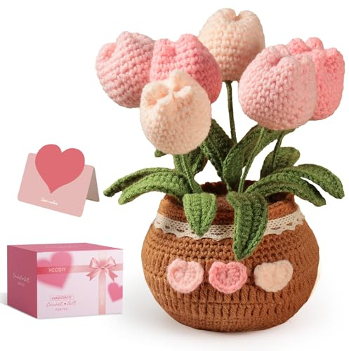Hccgfy Crochet Flowers Bouquet, Knitted Tulips Potted Plant with Gift Box and card, Gift ideas for Women,Wife, Moms,Girlfriend - Easter Birthday Mother's Day Anniversary Graduation (Pink)