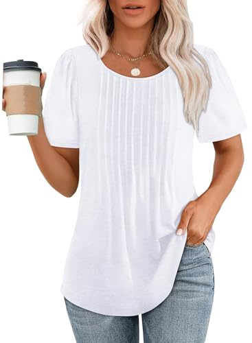 WIHOLL Summer Tops for Women UK Short Sleeve T Shirt Pleated Dressy Scooped Neck Blouse White L