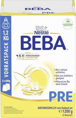 BEBA PRE - Anfangsmilch von Geburt an, Nur Laktose, Ohne Palmöl, Ohne Fischöl, Babynahrung, Baby-Milchpulver, Vorratspack 1er Pack (à 2 x 600g)