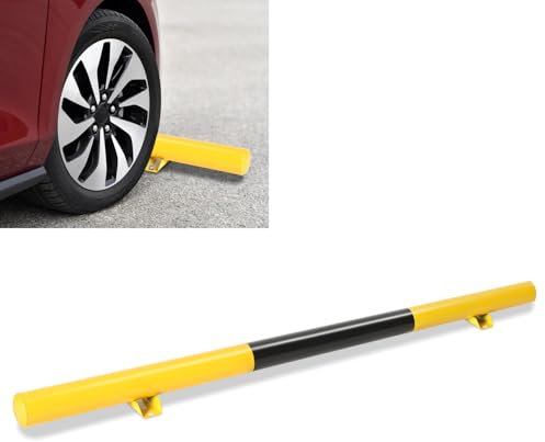 Hebitod - Tope de rueda de acero, 180 x 7,6 x 9,5 cm, tope para garaje, con 4 tornillos de expansión, ayuda a aparcamiento, color amarillo y negro, limitador de aparcamiento para garaje y