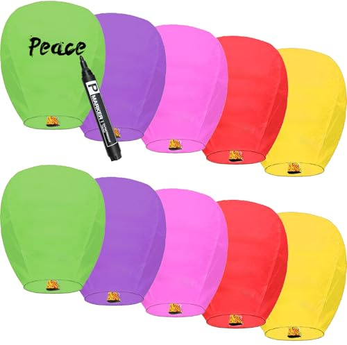 10 Packs Chinese Lantern, Floating Sky Lanterns, Biodegradable Memorial Fire Resistant Paper Wishing Lanterns to Release in Sky for Parties and Festivals, Flying Fire Lanterns, Multi-Colour