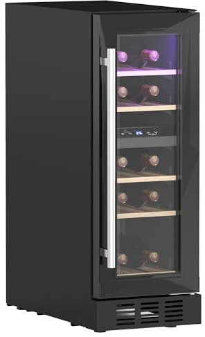 HOMCOM Dual Zone Wine Fridge, 16 Bottle, 52L, Built-in and Freestanding, 29.5cm Slimline, Under Counter Compressor Wine Cooler Fridge with Glass Door, LED Light, Touch Screen, Temperature Control