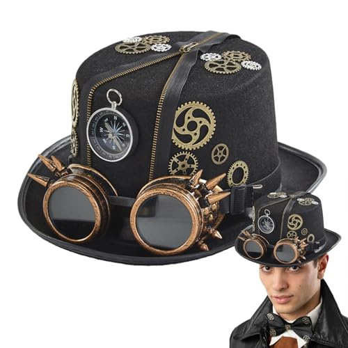 Lunaobrik Gothic Steampunk Hut - Magics Hat, Herren Steampunk Zylinder | Vintage Flat Top Kostüm Dress Up Hut mit Brille, Steampunk Zylinderhut Leder Steampunk Top Hüte Kostüm Steampunk Bowlers