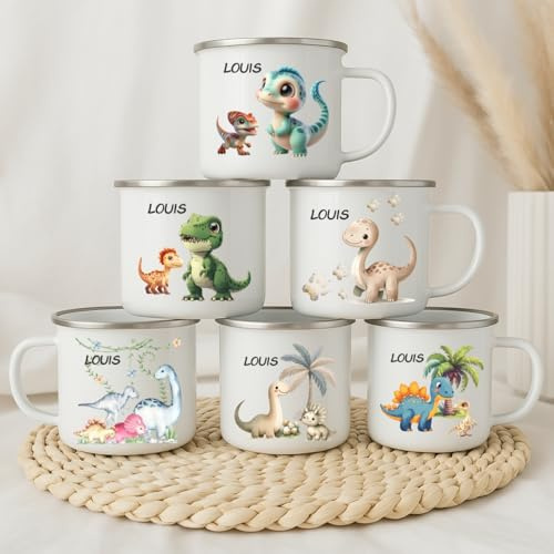 wolga-kreativ Emaille Tasse Dino personalisiert mit Namen - Robuste Kinder Tassen, BPA-frei, Spülmaschinenfest Kinder Becher - Personalisierte Geschenke Baby Zur Taufe, Geburt, Weihnachten