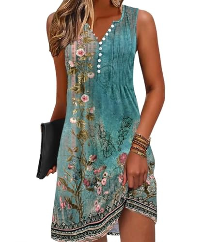 GRMLRPT Robe Été Femme de Plage Bohème Rétro Robes Col V Robes au Genou sans Manches Imprimé Floral Casual Tuniques Ample(Vert,XXL)