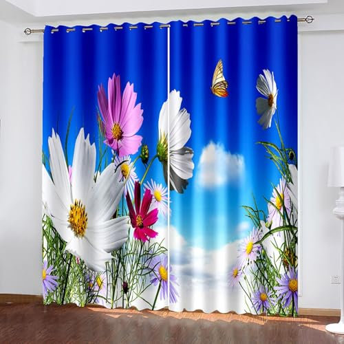 Lirzxin Vorhänge Verdunkelung 214 cm Lang, Vorhang Blickdicht mit Ösen 2er Set Bunt Himmel Gänseblümchen und Schmetterling Landschaft Gardinen für Wohnzimmer Schlafzimmer, 102x214 cm(BxH)