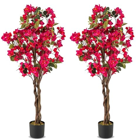 COSTWAY 120 cm Kunstbaum mit Blüten, Kunstpflanze im Topf, Künstlicher Bougainvillea Baum, Fake Topfpflanze, Künstliche Pflanzen für Indoor Outdoor Schlafzimmer Büro Garten Dekoration (Rosa,2)