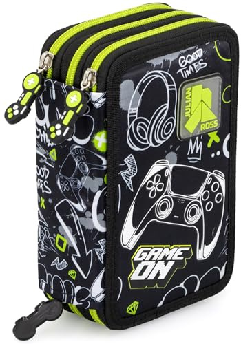 3-Fach Federmäppchen Jungen Gefüllt 6-12 Jahre Gamer-Design | Schulmäppchen Set 46 Teile mit Radierbaren Stiften, Filzstiften, Buntstiften