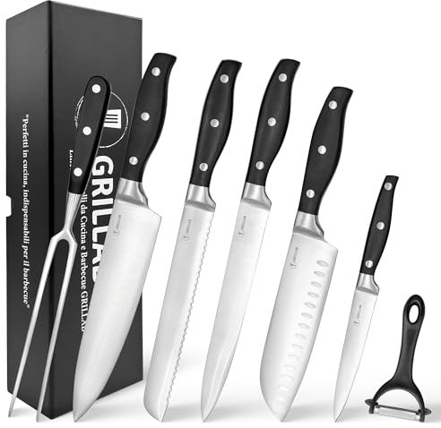 Set Coltelli da Cucina Professionali in Acciaio Inossidabile Ultra Affilati, 7 Pezzi, Manico Ergonomico e Antiscivolo Nero, Pelapatate e per Verdure, Forchettone da Barbecue