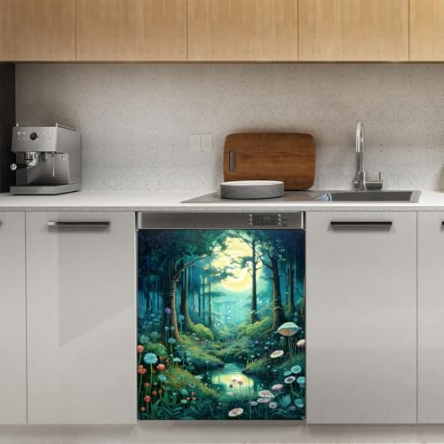 Mexpekil Green Forest Lake Floral Couvercle magnétique pour lave-vaisselle 53,3 x 66 cm Autocollant décoratif pour porte d'entrée étanche Panneau magnétique