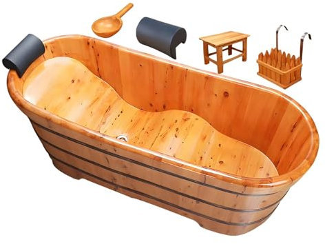 Qcesorib Freistehende Badewanne mit Kopfstütze, Luxus Badewanne im Nostalgielook mit Hängekorb, Badewanne für Dusche mit Hocker, für Badezimmer, Dusche und Balkon