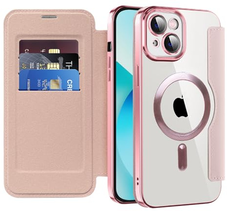 IMEIKONST Cover Magnetica per iPhone 13 con Slot per Carte, [Compatibile con MagSafe] [Blocco RFID] Custodia Portafoglio Flip Antiurto Trasparente Case per iPhone 13. Rosa JDCX