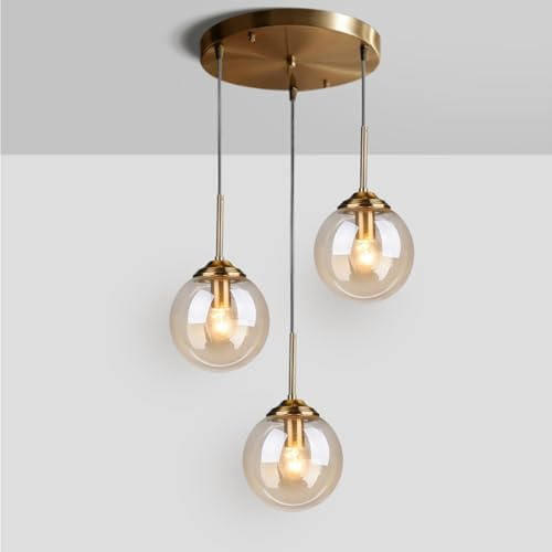 Glas Pendelleuchte Esstisch Hängelampe, Pendellampe 3-flammig Glas Lampenschirm Modern Design Kreative Hängeleuchte Höhenverstellbar Wohnzimmer Schlafzimmer Küche Leuchte Dekoration(Amber,3 heads)