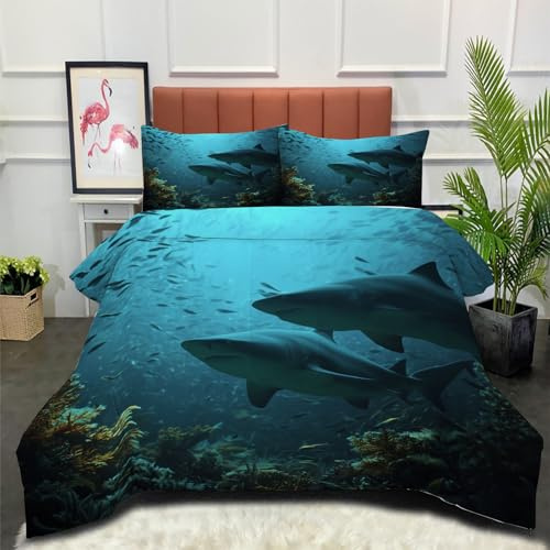 DLERFLOVR Edredón Relleno Nórdico 4 Estaciones Cama 150 220x240cm - Edredón Escuela De Tiburones Nórdico de Fibra Vista Al Mar Suave Transpirable para Invierno, Primavera y Otoño, Azul