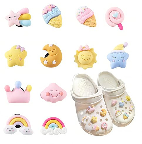KLINNA 12 Stück Schuh Charms für Crocs Anstecker, Schuhschmuck, Süße Sterne & Mond Schuhanstecker, PVC Shoe Charm Zubehör als Geschenkidee für Mädchen, Frauen und Kinder