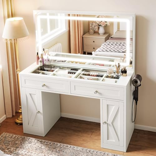 YITAHOME Dressing Table with LED Mirror, Makeup Desk with Adjustable 3-Colour Lighting, Safety Glass Top & Built-in Plug Socket, Modern White Vanity Table for Bedroom, 115 × 40 × 134 cm