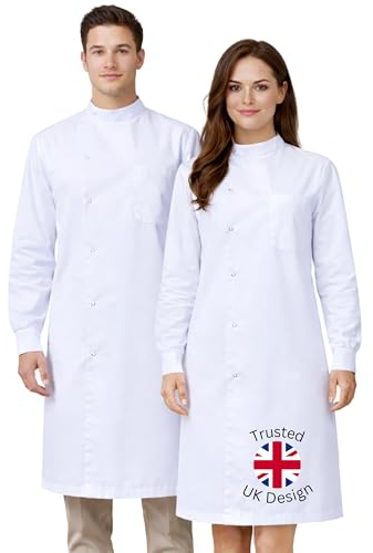 ShiftPlus Howie Lab Coat 100% Cotton - No Hip Pockets, Heavy-Duty Unisex Protective Coat with Snap Front, Long Sleeves & Round Neck, Durable White Laboratory Jacket